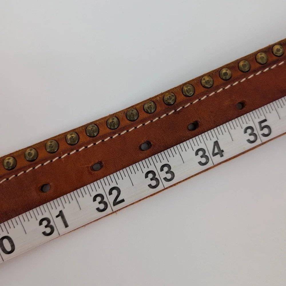 Lucky Brand Studded Leather Belt Womens 32 Brown Western Brass Buckle Boho Indie